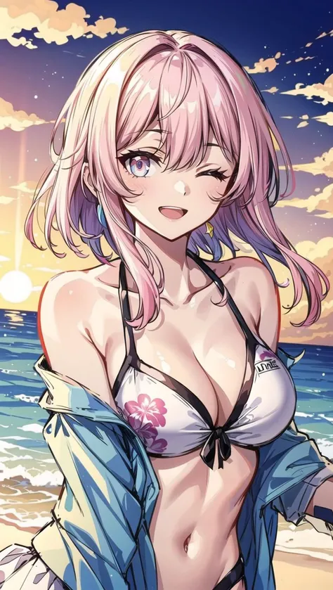1girl, solo, pink hair, one eye closed, open mouth, smile, bikini, pink eyes, holding, <lora:march7th:0.4>, march7th, multicolored_eyes, pink hair, (upper body:1.1), masterpiece, looking at viewer, <lora:flat2:-0.5>, standing,swimsuit,beach,summer,sea,ocean,breasts, jewelry,cleavage,white bikini,flowers print,(sunset:1.1), collarbone