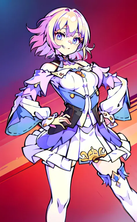 1girl, dynamic pose, hand on hip, march7th, short hair, pink hair, blue eyes, detached sleeves, bare shoulders, open mouth, smile <lora:march7th:0.6>