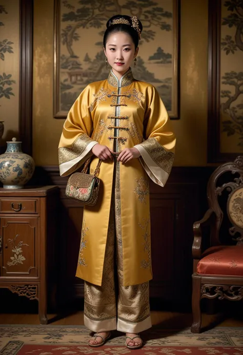 (medium full shot) of (dignified Chinese young woman from the Qing Dynasty), wearing a gold silk jacket with ornate patterns, embroidered trousers with detailed patterns, silk slippers, carrying a embroidered purse, elegant bun hair, set in the ancient china, in  an ornate palace, with exquisite furniture, detailed frescoes, silk draperies, regal ambiance, at night, woman smiling, Masterpiece,best quality, photo, realistic, very aesthetic, detailed face,