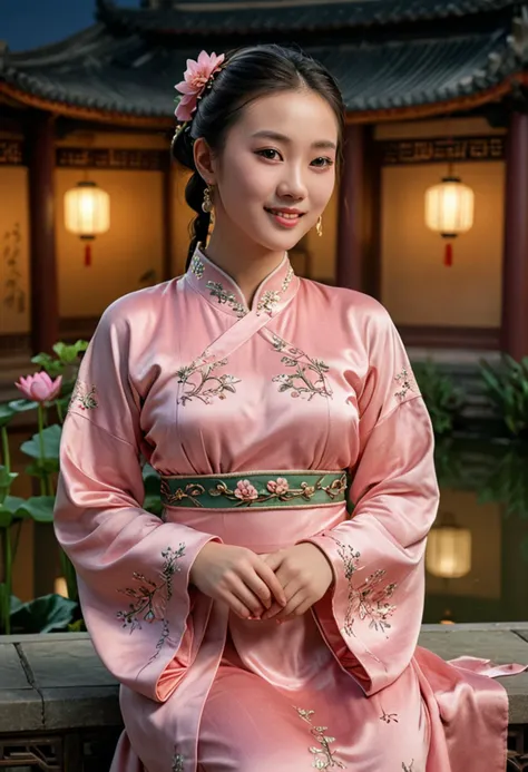 (medium full shot) of (dignified Chinese young woman from the Song Dynasty), wearing a pink satin gown with simple designs, silk boots with intricate designs, jade bracelet, braided updo hair, set in the ancient china, in  a serene palace, with tranquil gardens, lotus ponds, traditional architecture, beautiful pavilions, at night, woman smiling, ,Masterpiece,best quality, photo, realistic, very aesthetic, detailed face,