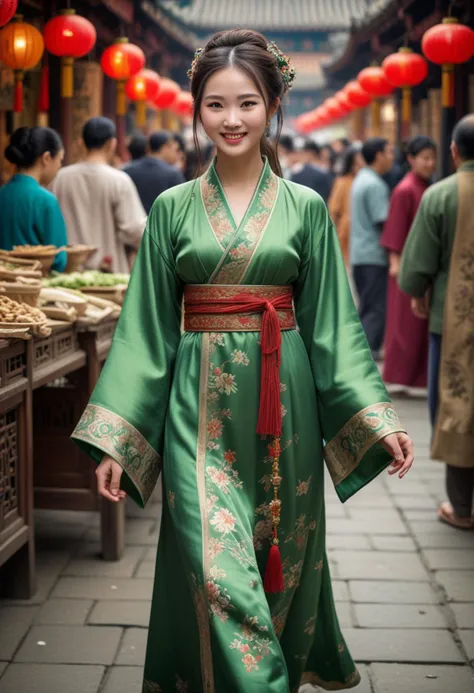 (medium full shot) of (graceful Chinese young woman from the Song Dynasty), wearing a green brocade gown with simple designs, ornate sandals, ornate hairpin, flowing tresses hair, set in the ancient china, in  a vibrant market, with colorful stalls, busy merchants, exotic goods, lively crowds, woman smiling, Masterpiece,best quality, photo, realistic, very aesthetic, detailed face,