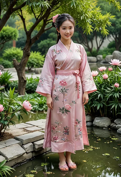 (medium full shot) of (delicate Chinese young woman from the Zhou Dynasty), wearing a pink formal robe with detailed patterns, silk clogs with detailed carvings, ornate hairpin, hair adorned with hairpins, set in the ancient china, in an elegant garden, featuring peonies, bamboo groves, ornate rockeries, tranquil water features, in the morning, woman smiling, ,Masterpiece,best quality, photo, realistic, very aesthetic, detailed face,