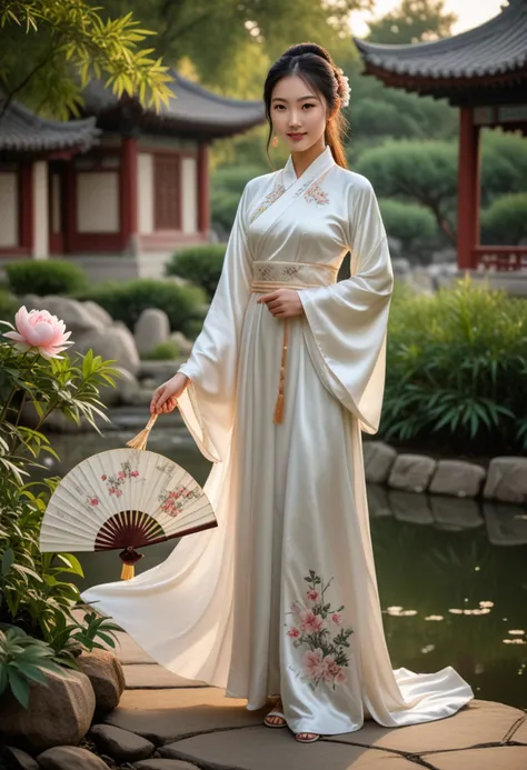 (medium full shot) of (serene Chinese young woman from the Tang Dynasty), wearing a white satin gown with simple designs, embroidered shoes, carrying a silk fan, flowing tresses hair, set in the ancient china, in an elegant garden, featuring peonies, bamboo groves, ornate rockeries, tranquil water features, at sunset, woman smiling, Masterpiece,best quality, photo, realistic, very aesthetic, detailed face,