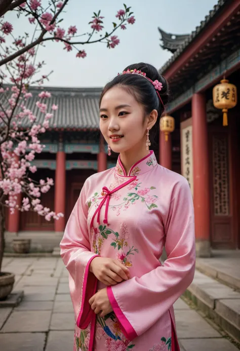 masterpiece, reality, 4k, (medium full shot) of (majestic Chinese young woman from the Qing Dynasty), wearing a pink silk cheongsam, decorative flats with elegant patterns, delicate earrings, hair side-parted with silk ribbon, set in the ancient china, in a peaceful temple, surrounded by nature, with tranquil courtyards, blooming flowers, chanting monks, at night, woman smiling