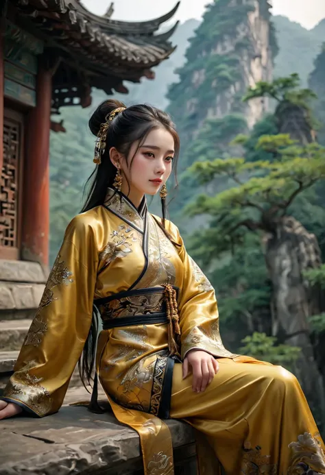 (medium full shot) of (noble Chinese young woman from the Zhou Dynasty), wearing a gold tailored jacket with intricate designs, brocade pants , leather boots with intricate designs, delicate earrings, flowing tresses hair, set in the ancient china, in  a secluded temple, hidden in the mountains, with winding paths, quiet meditation spots, stunning views, at night, woman smiling, ,Masterpiece,best quality, photo, realistic, very aesthetic, detailed face,