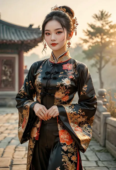 (medium full shot) of (divine Chinese young woman from the Qing Dynasty), wearing a black brocade jacket with ornate patterns, wide-leg pants with elaborate designs, simple flats with elegant patterns, simple hair ornament, hair side-parted with silk ribbon, set in the ancient china, in , at sunset, woman smiling, ,Masterpiece,best quality, photo, realistic, very aesthetic, detailed face,