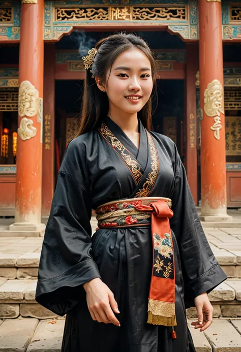 (medium full shot) of (regal Chinese young woman from the Song Dynasty), wearing a black casual robe , decorative flats with elegant patterns, embroidered sash, flowing tresses hair, set in the ancient china, in  a bustling temple, filled with worshippers, incense smoke, vibrant rituals, sacred ceremonies, at sunset, woman smiling, ,Masterpiece,best quality, photo, realistic, very aesthetic, detailed face,