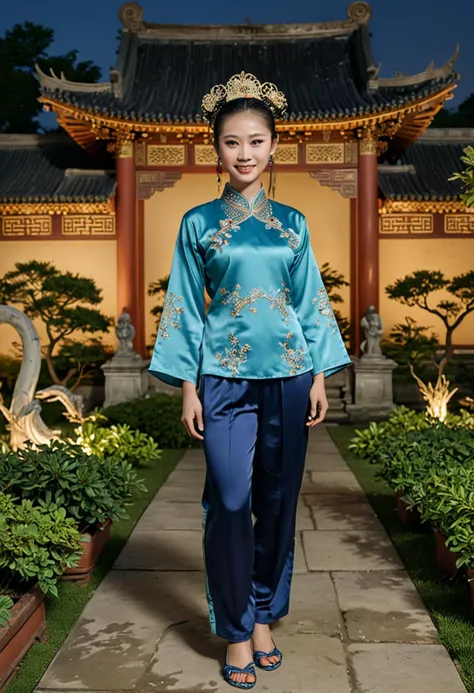 (medium full shot) of (majestic Chinese young woman from the Zhou Dynasty), wearing a blue fitted blouse, satin pants with classic motifs, embroidered shoes, intricate headdress, hair adorned with hairpins, set in the ancient china, in  a royal garden, with grand pavilions, intricate sculptures, manicured lawns, lush greenery, at night, woman smiling, ,Masterpiece,best quality, photo, realistic, very aesthetic, detailed face,