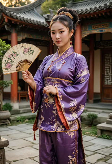 (medium full shot) of (divine Chinese young woman from the Tang Dynasty), wearing a purple brocade tunic, embroidered trousers , silk boots with intricate designs, holding a silk fan, braided updo hair, set in the ancient china, in  a peaceful temple, surrounded by nature, with tranquil courtyards, blooming flowers, chanting monks, at sunset, woman smiling, ,Masterpiece,best quality, photo, realistic, very aesthetic, detailed face,