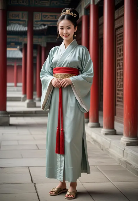 (medium full shot) of (timeless Chinese young woman from the Zhou Dynasty), wearing a silver silk robe, pleated skirt, silk clogs with detailed carvings, jade bracelet, elegant bun hair, set in the ancient china, in  a grand palace, adorned with red and gold, featuring majestic halls, intricate carvings, elegant courtyards, in the morning, woman smiling, Masterpiece,best quality, photo, realistic, very aesthetic, detailed face,