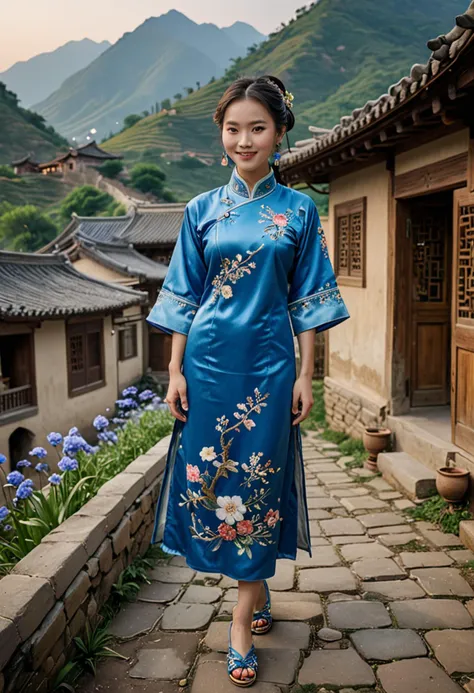 (medium full shot) of (timeless Chinese young woman from the Ming Dynasty), wearing a blue embroidered cheongsam, embroidered shoes, delicate earrings, hair adorned with flowers, set in the ancient china, in a mountain village, nestled among peaks, with terraced fields, rustic cottages, breathtaking landscapes, at night, woman smiling, ,Masterpiece,best quality, photo, realistic, very aesthetic, detailed face,