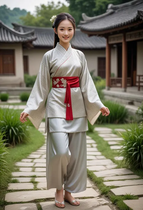 (medium full shot) of (divine Chinese young woman from the Zhou Dynasty), wearing a silver brocade tunic, satin pants , simple flats with elegant patterns, embroidered sash, hair adorned with flowers, set in the ancient china, in a serene village, with thatched roofs, stone pathways, lush rice paddies, gentle rivers, woman smiling, Masterpiece,best quality, photo, realistic, very aesthetic, detailed face,