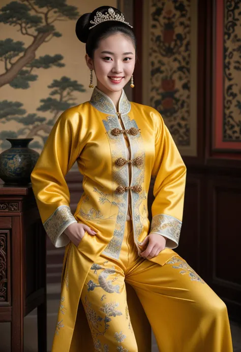 (medium full shot) of (elegant Chinese young woman from the Song Dynasty), wearing a yellow brocade jacket , silk trousers , silk boots with intricate designs, silver chain, elegant bun hair, set in the ancient china, in a bustling palace, alive with the energy of courtiers, richly decorated chambers, vibrant tapestries, in the morning, woman smiling, Masterpiece,best quality, photo, realistic, very aesthetic, detailed face,