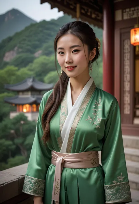 (medium full shot) of (serene Chinese young woman from the Ming Dynasty), wearing a green tailored jacket , satin pants , decorative flats with elegant patterns, embroidered sash, flowing tresses hair, set in the ancient china, in  a secluded temple, hidden in the mountains, with winding paths, quiet meditation spots, stunning views, at night, woman smiling, Masterpiece,best quality, photo, realistic, very aesthetic, detailed face,