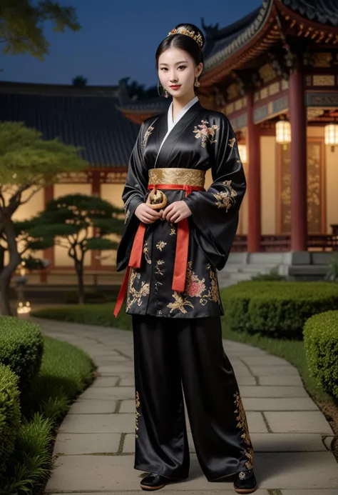 (medium full shot) of (elegant Chinese young woman from the Tang Dynasty), wearing a black silk robe, silk trousers , brocade boots with intricate designs, simple hair ornament, hair side-parted with silk ribbon, set in the ancient china, in  a royal garden, with grand pavilions, intricate sculptures, manicured lawns, lush greenery, at night, woman smiling, Masterpiece,best quality, photo, realistic, very aesthetic, detailed face,