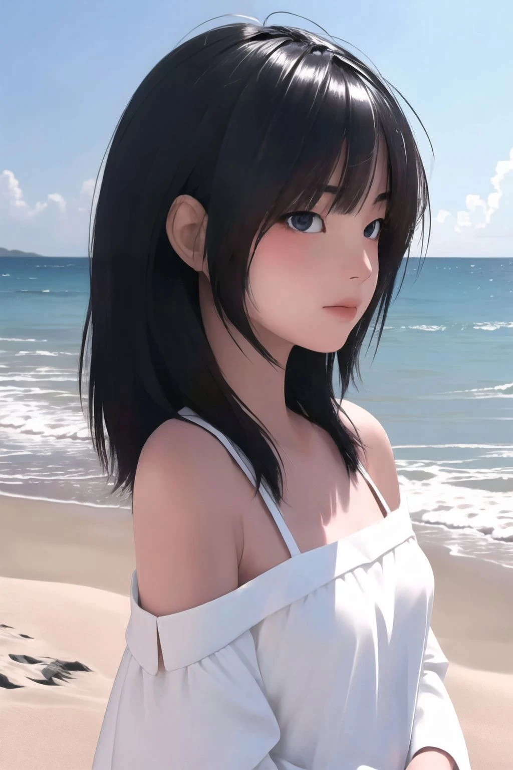 masterpiece, high quality, high resolution, extremely delicate and beautiful, finely detailed eyes and detailed face, ultra detailed, perfect details, justina xie,full body,cowboy shot,photographical skin, shiny skin,small breasts, <lora:JustinaXie:0.8>, justinaxie, bangs, medium hair, black eyes, realistic, on beach,a girl on beach,water, sea, sand,realistic lighting, natural skin, white dress, bare shoulder,