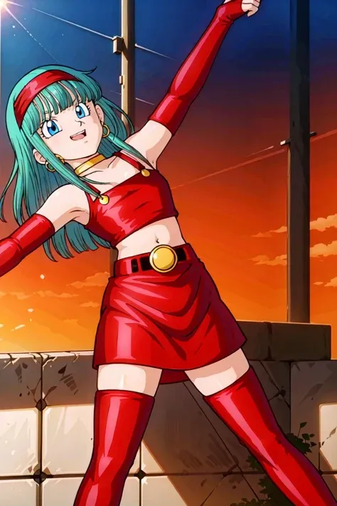 <lora:braGT-000007:0.6>, masterpiece,
bulla, aqua hair, blue eyes, red hairband, hoop earrings,
gold choker, bare shoulders, red leather crop top, midriff, belt, red elbow gloves, red leather skirt, red thigh boots
((dancing )), zettai ryouiki,
city, sunlight, blue sky, street,