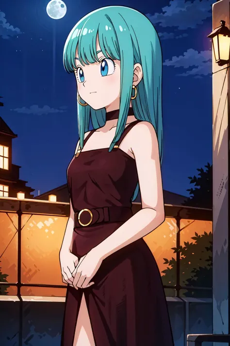 <lora:braGT:0.5>, masterpiece,
bulla, aqua hair, blue eyes, hoop earrings,
((black ballroom dress)),
city, moonlight, night sky, street,