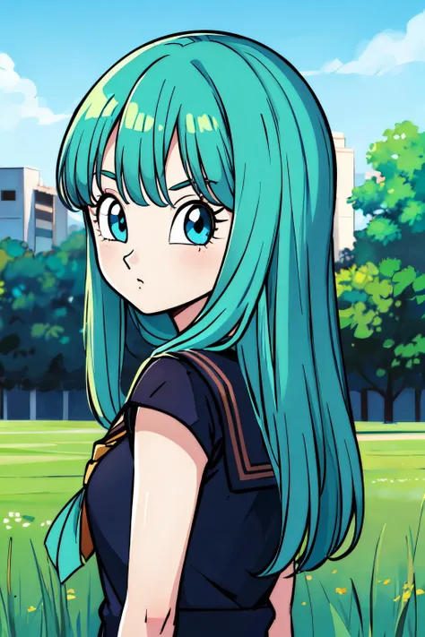 bulla, 1girl, solo, aqua hair, blue eyes, long hair,
school uniform, field,
<lora:bullaGT:0.7>