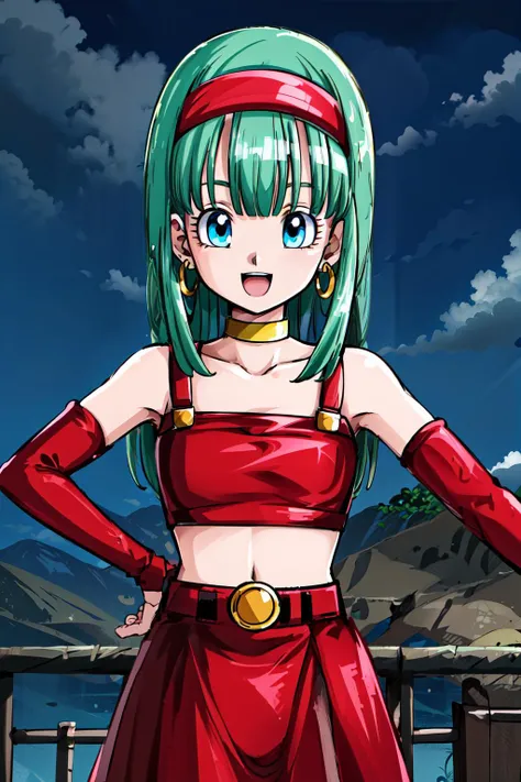masterpiece, high quality, absurdres, highres,
bulla, 1girl, solo, long hair, aqua hair, looking at viewer, smile, open mouth, bangs, collarbone, :d, outdoors, sky, cloud, night, bridal gauntlets, eyelashes, hoop earrings, eyebrows, miniskirt, bare shoulders, cloudy sky,, hairband, red hairband, earrings, blue eyes, elbow gloves, red gloves, fingerless gloves, crop top, red topwear, midriff, yellow belt, skirt, red skirt
<lora:bulla:0.8>