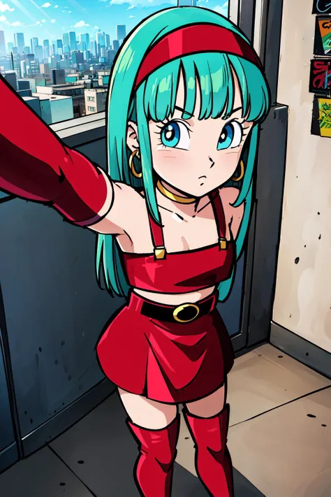 masterpiece, high quality, absurdres, highres,
bulla, 1girl, solo, long hair, straight hair, blunt bangs, aqua hair, blue eyes, eyelashes,
red hairband, elbow gloves, red gloves, fingerless gloves, red crop top, midriff, bare shoulders, belt, hoop earrings, bridal gauntlets, red skirt, thigh boots, red footwear,
selfie, from above,
city, sunlight,
<lora:bullaGT:0.8>