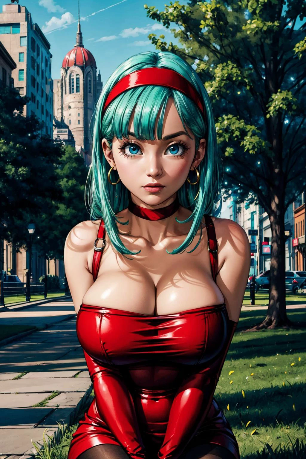 (masterpiece:1.2),( high quality:1.1),
<lora:bullaGT:0.7>bulla,thinking, long hair, straight hair,bangs, aqua hair, blue eyes, mascara, long lashes, hairband, red hairband, earrings, bodycon dress, sleeveless, pantyhose, high heels, city park, trees, grass, sunshine, blurry background,(looking at viewer, portrait:1.1),, huge breast,large breast,<lora:add_detail:0.89>,
(lighting:1.1),