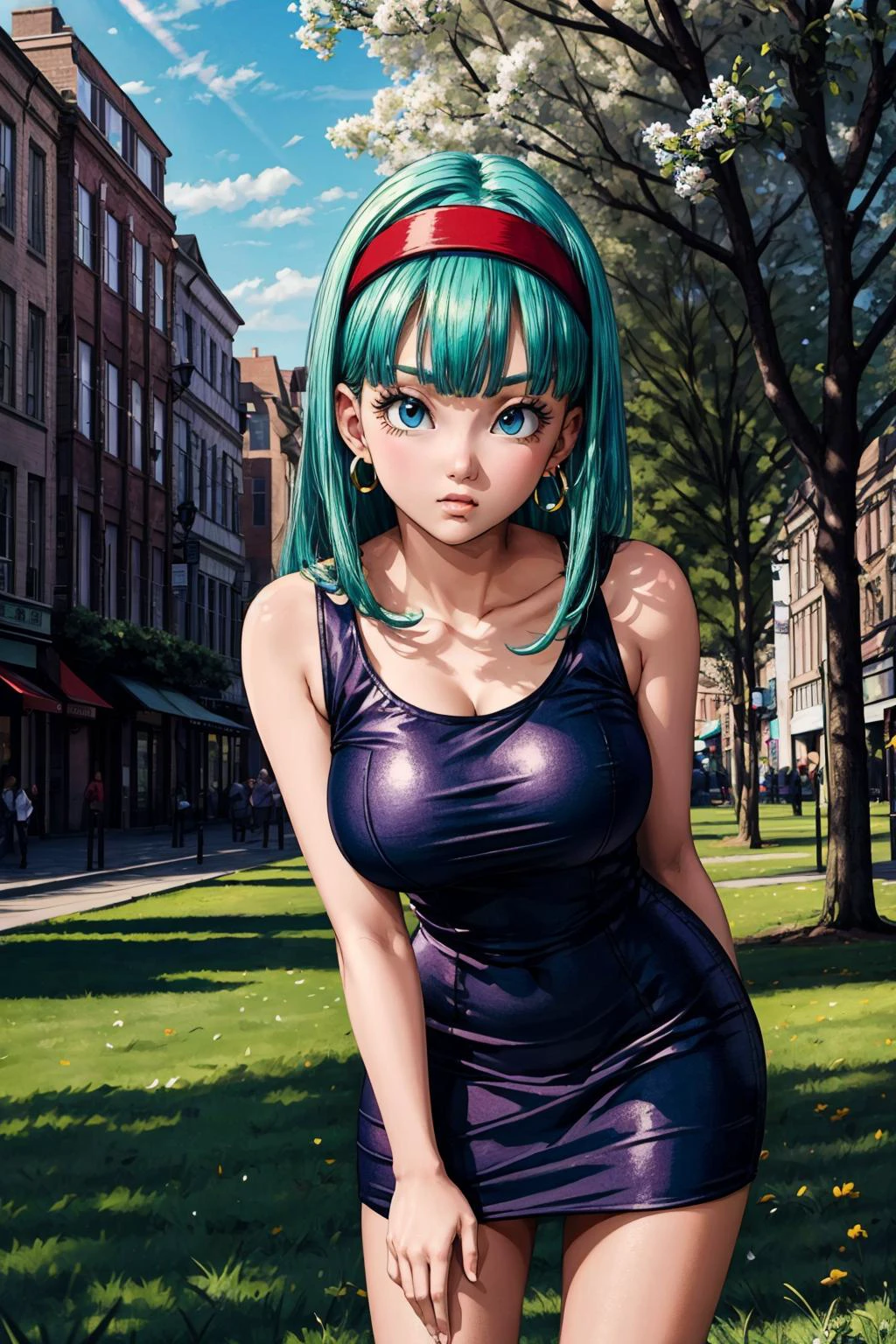 (masterpiece:1.2),( high quality:1.1),
<lora:bullaGT:0.7>bulla,pout, long hair, straight hair,bangs, aqua hair, blue eyes, mascara, long lashes, hairband, red hairband, earrings, bodycon dress, sleeveless, city park, trees, grass, sunshine, blurry background,(looking at viewer, Bend forward:1.1),, huge breast,large breast,<lora:add_detail:0.87>,
(beautifully lit:1.1),