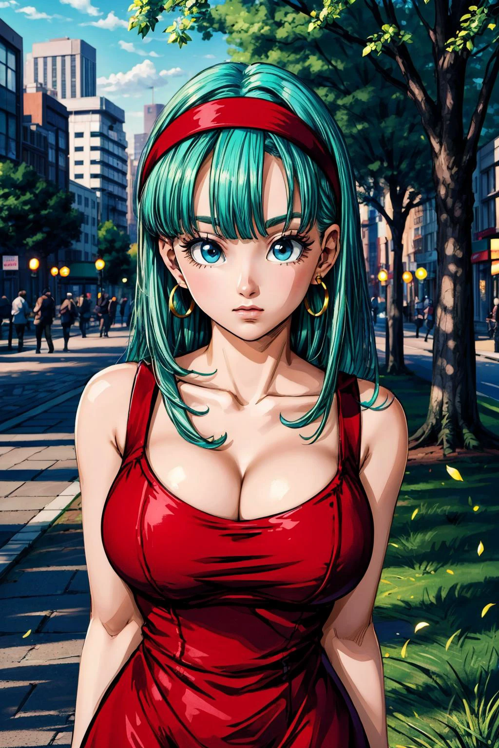 (masterpiece:1.2),( high quality:1.1),
<lora:bullaGT:0.7>bulla, long hair, straight hair,bangs, aqua hair, blue eyes, mascara, long lashes, hairband, red hairband, earrings, bodycon dress, sleeveless, city park, trees, grass, sunshine, blurry background,(looking at viewer, Bend forward:1.1),, huge breast,large breast,<lora:add_detail:0.89>,
(beautifully lit:1.1),