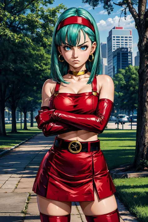 (masterpiece:1.2),( high quality:1.1),
<lora:bullaGT:0.7>bulla,annoyed, long hair, straight hair,bangs, aqua hair, blue eyes, collarbone, bridal gauntlets, mascara, long lashes,hoop earrings, miniskirt, bare shoulders, hairband, red hairband, earrings, elbow gloves, red gloves, fingerless gloves, crop top, red topwear, midriff, yellow belt, skirt, red skirt , city park, trees, grass, sunshine, blurry background,fighting stance pose, huge breast,large breast,<lora:add_detail:0.8>,
(lighting:1.1),