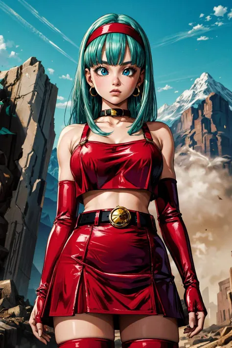A woman in a red outfit and green hair standing in front of a mountain ...