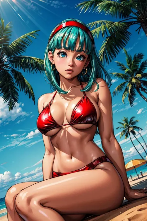 Waifu, masterpiece, curvy, breasts, beach, ocean waves, sunny day, gloves, 1girl, clenched teeth, bulma, cleavage, large breasts, teeth, ((aqua hair)), ((red bikini:1.3)), blue eyes, rating:explicit,rule34, hardcore, tits,clenched hands, night, sky, ((golden bangles:1.4)), (white skin:1.5), bare shoulders, blue hair, clenched hand, rating:questionable, ((long bob:1.5)), belt, solo, angry, lip biting(gigantic and massive tits:1.1), breasts, official illustration, illustration, detailed face, beautiful intricate eyes, curvy milf, 1:2), titsnipples