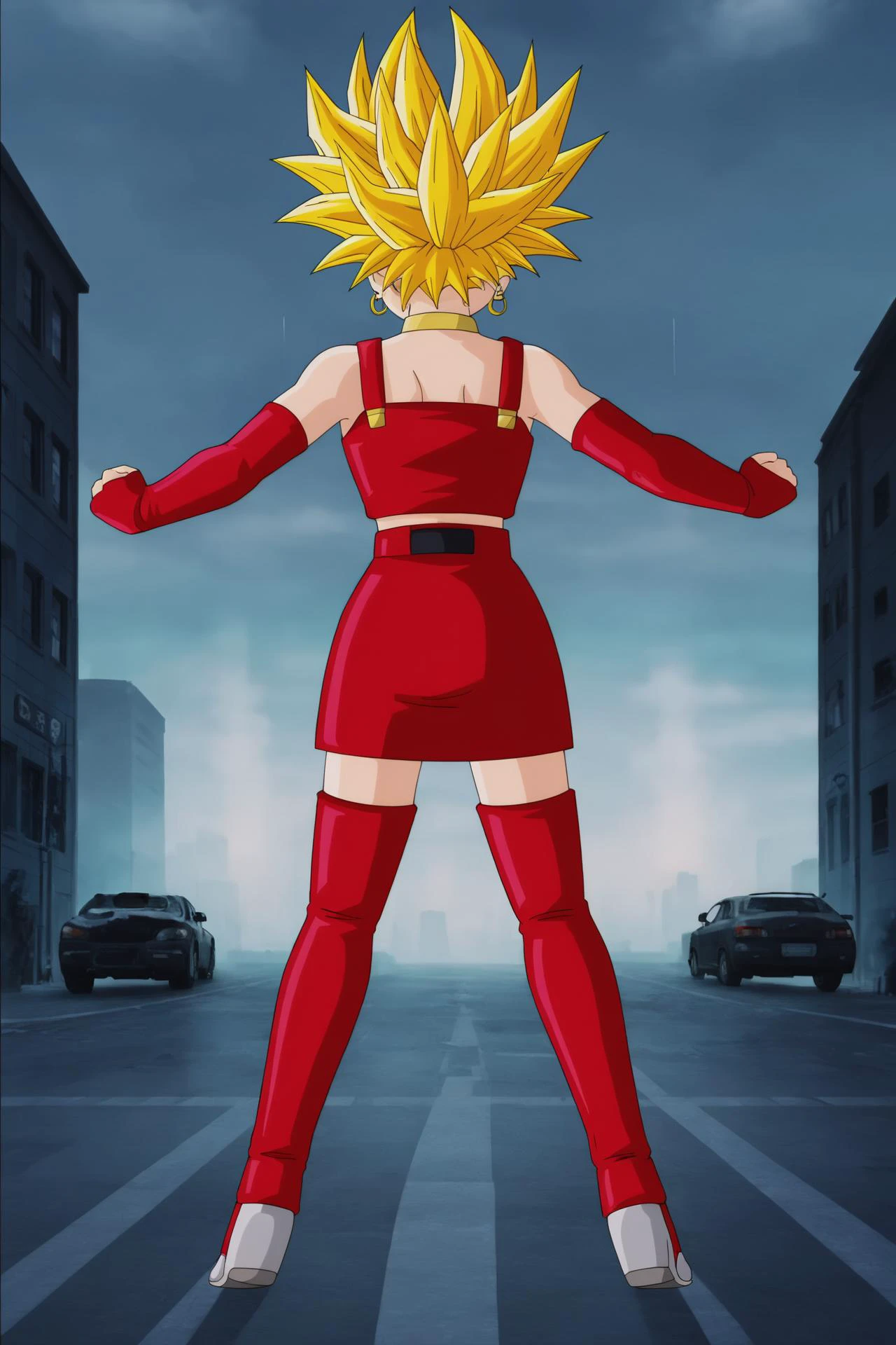 source_anime, score_9, score_8_up, score_7_up, anime screencap,
bulla, super saiyan, 1girl, solo, blonde hair, green eyes, spiked hair, ground vehicle, motor vehicle, hands on hips, red hairband, car, bare shoulders, eyebrows, hoop earrings, eyelashes, bridal gauntlets, elbow gloves, red gloves, fingerless gloves, crop top, red crop top, midriff, skirt, red skirt, thigh boots, red footwear, clenched hands, choker, collarbone, frown, looking to the side, belt, pointy nose, standing, v-shaped eyebrows, leather, fighting stance, from above, rain, night,
from behind,
<lora:bulla_pony_v1:0.7>