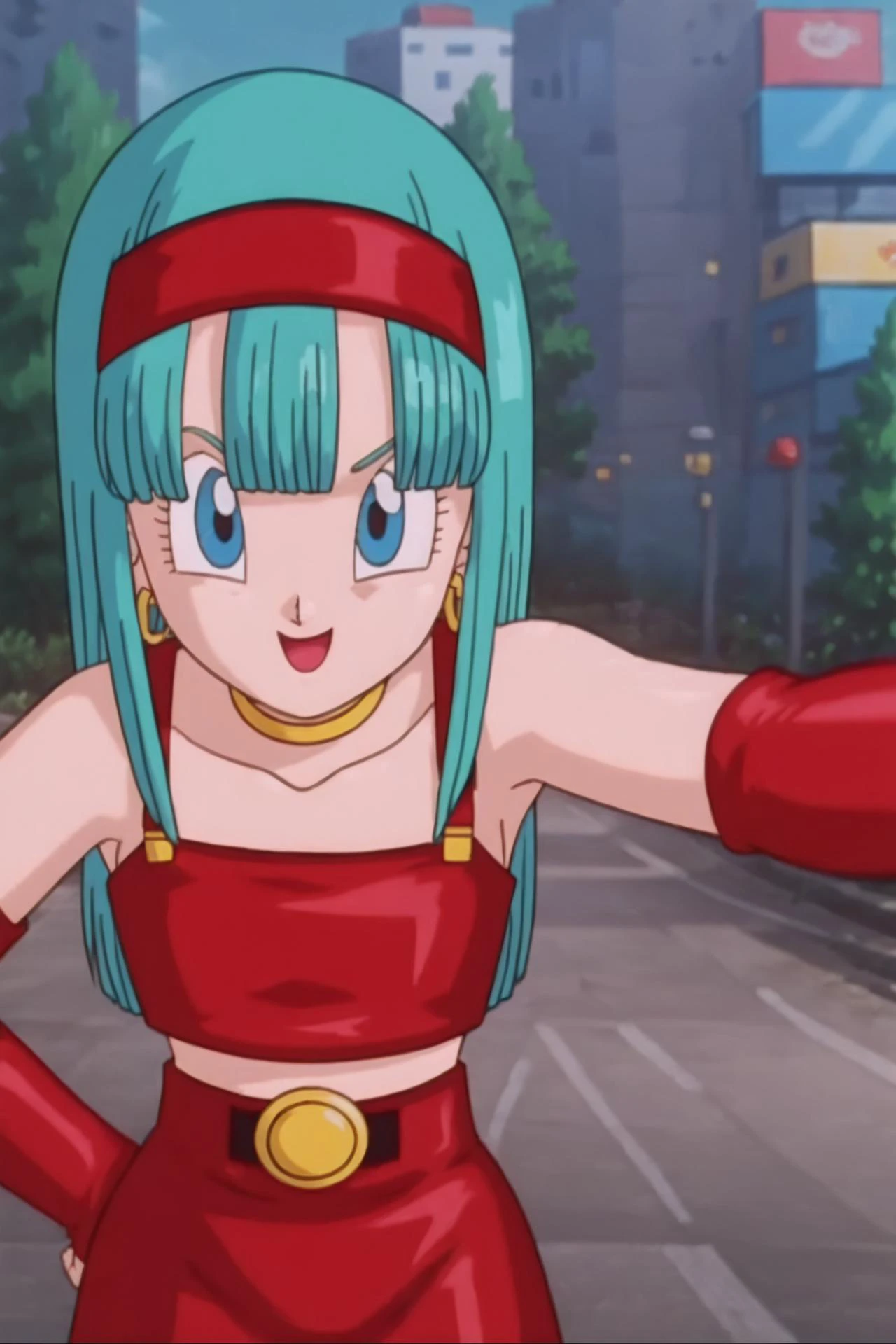 source_anime, score_9, score_8_up, score_7_up, anime screencap,
bulla, 1girl, solo, long hair, straight hair, blunt bangs, aqua hair, blue eyes, eyelashes,
red hairband, elbow gloves, red gloves, fingerless gloves, red crop top, midriff, bare shoulders, belt, hoop earrings, bridal gauntlets, red skirt, thigh boots, red footwear,
selfie, from above,
city, sunlight, outdoors, smile,
<lora:bulla_pony_v1:0.8>