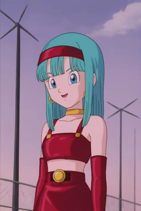 source_anime, score_9, score_8_up, score_7_up, anime screencap,
bulla, 1girl, solo, long hair, aqua hair, looking at viewer, smile, open mouth, bangs, collarbone, :d, outdoors, sky, cloud, night, bridal gauntlets, eyelashes, hoop earrings, eyebrows, miniskirt, bare shoulders, cloudy sky,, hairband, red hairband, earrings, blue eyes, elbow gloves, red gloves, fingerless gloves, crop top, red topwear, midriff, yellow belt, skirt, red skirt
 <lora:bulla_pony_v1:0.7>