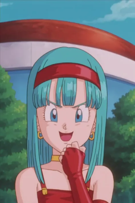 source_anime, score_9, score_8_up, score_7_up, anime screencap,
bulla, 1girl, solo, long hair, straight hair, aqua hair, smile, blue eyes, bare shoulders, eyebrows, blunt bangs, eyelashes, outdoors, sky, day, fingerless gloves, tree, evil laugh, red hairband, bush, touching chin, v-shaped eyebrows, tongue, house, red crop top, red gloves, pointy nose, open mouth, looking at another, portrait, elbow gloves, cloud, choker, collarbone, anime coloring, 1990s \(style\), retro artstyle, bridal gauntlets, close-up, leather
 <lora:bulla_pony_v1:0.7>