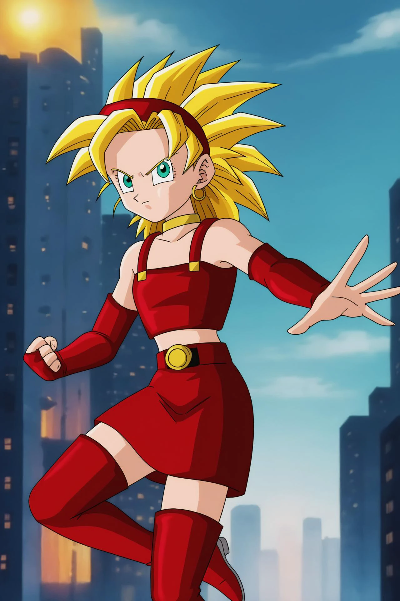 source_anime, score_9, score_8_up, score_7_up, anime screencap,
bulla, super saiyan, 1girl, solo, blonde hair, green eyes, full body, spiked hair, building, city, cityscape, skyscraper, red hairband, bare shoulders, eyebrows, hoop earrings, eyelashes, bridal gauntlets, elbow gloves, red gloves, fingerless gloves, crop top, red crop top, midriff, skirt, red skirt, thigh boots, red footwear, outstretched arm, outstretched hand, knee up, clenched hand, flying, midair, angry, collarbone, choker, flat chest, looking at viewer, frown, pointy nose, v-shaped eyebrows, belt, leather
<lora:bulla_pony_v1:0.7>