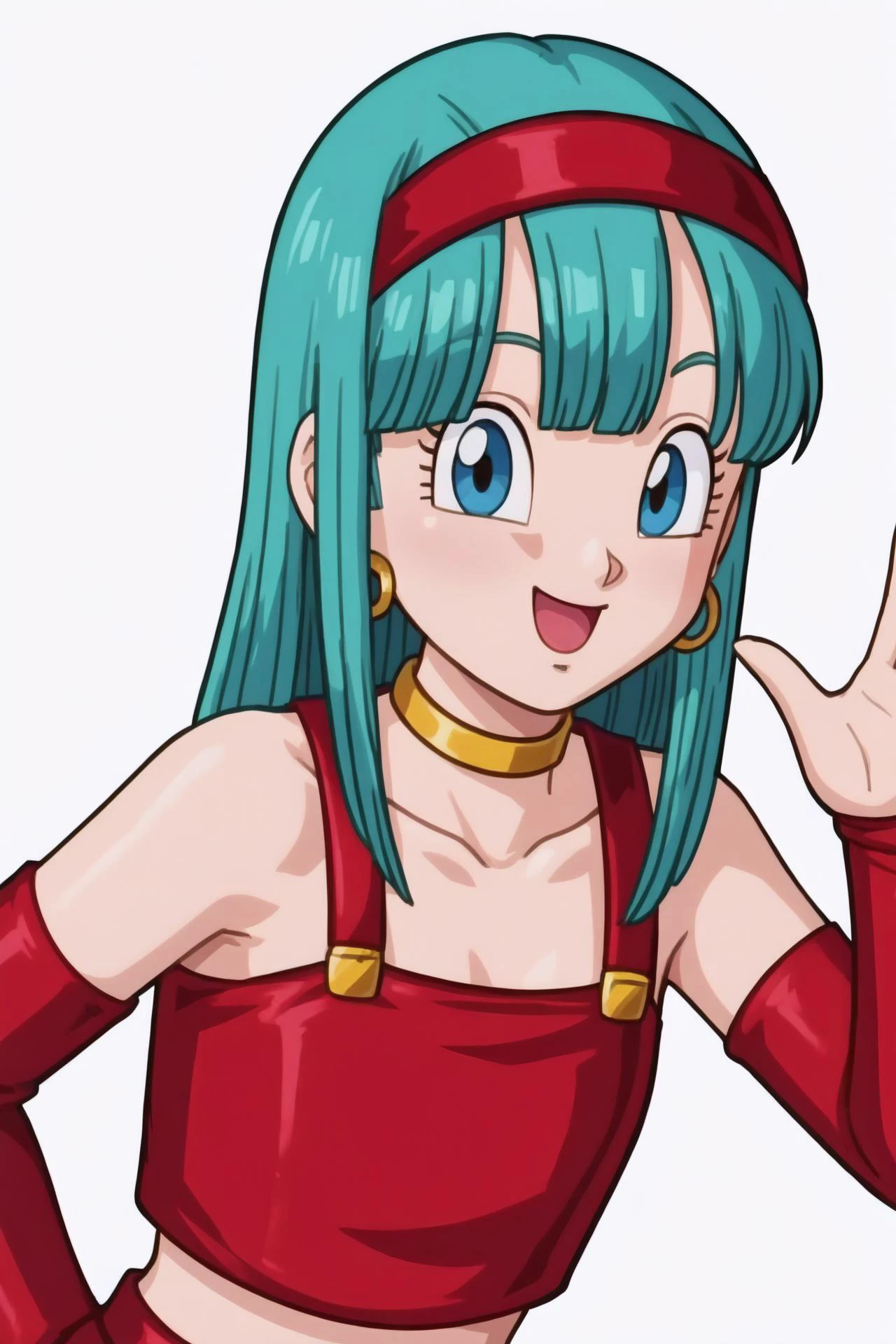 source_anime, score_9, score_8_up, score_7_up, anime screencap,
bulla, 1girl, solo, long hair, breasts, looking at viewer, blush, smile, open mouth, bangs, simple background, gloves, collarbone, upper body, :d, aqua hair, white background, ring, blunt bangs, bridal gauntlets, eyelashes, hoop earrings, eyebrows, bare shoulders, waving, red hairband, blue eyes, elbow gloves, red gloves, fingerless gloves, crop top, red crop top, midriff, pointy nose, straight hair, shiny hair, tongue, leaning forward, flat chest, armpits, hair on shoulder, choker, leather
<lora:bulla_pony_v1:0.7>