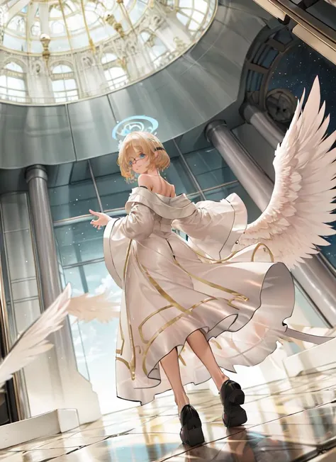 ((best quality)), ((highly detailed)), absurdres, (detailed eyes, deep eyes), (1girl), (glasses), <lora:UnderButtV4:.8>, UnderButt, looking down, looking at viewer, from behind, full body, <lora:hairdetailer:.7>, ((cherub playing a harp, short)), angelic, Flax hair, (floating hair), blue eyes, large white wings, symmetrical wings, (halo), golden glow, calm smile, short hair, flowing (white robe), maxidress, (cross), (clouds), (inside, in an elevator), <lora:dishwasher1910_style_v02:1>