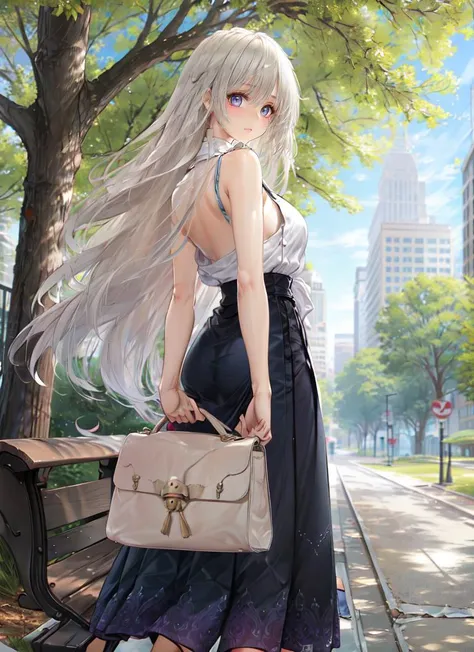 ((best quality)), ((highly detailed)), masterpiece, absurdres, extremely detailed face, beautiful face, (detailed eyes, deep eyes), (1girl), from behind, looking back, full body, ((flip-flops)), <lora:hairdetailer:.9>, innocent, wide eyes, big eyes, cute, breasts, Ultra pink sundress, maxi skirt, (outside, at a park, trees, path, light post, on a park bench, city in the background, morning), <lora:dishwasher1910_style_v02:1>