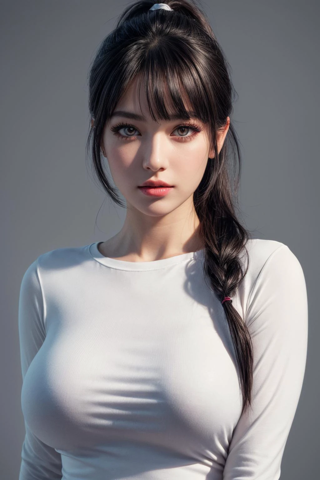 (ultra realistic,32k, masterpiece:1.2),(high detailed skin:1.1),( 8k uhd, dslr, high quality:1.1),
1girl, black hair, ponytail and bangs,(white tight long top, long sleeves:1.1),, , <lora:add_detail:0.84>, (red lips:0.8), (mascara:1.1),(huge breast:0.9),
(looking at viewer, portrait:1.1),
,(soft shaded neon light:1.1),blank background