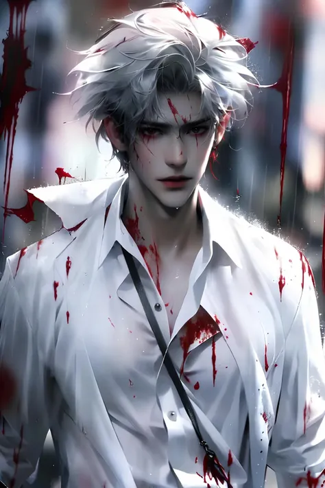 high quality,sunlight,fine light,one,a handsome boy,<lora:MN:1>,white hair,red long hair,red eyes,beautiful detailed eyes,floating hair,disheveled hair,Splashing blood,Bloodstain,