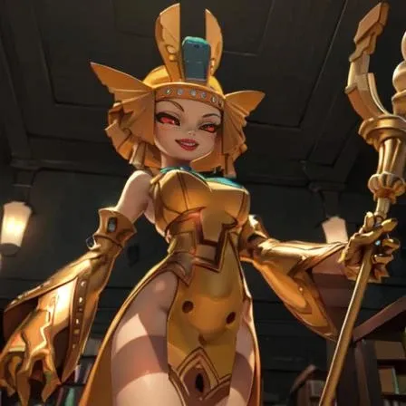 , masterpiece, Highest Quality, Highest Resolution, perfect background, perfect perspective, sharp image, perfect details, perfect lighting, perfect shadows, Perfect lighting, Best background, best anime style, Golden Queen, 1girl, solo, solo focus, red eyes, gloves, colored skin, robot, gold, detached sleeves, large breasts, standing, front view, thick thighs, short dress, revealing clothing, inside public library, large butt, sexy, holding staff, smiling, blush,