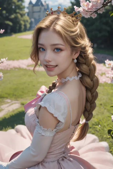 (Best Quality, Masterpiece:1.4), (Realism:1.2), (Realisitc:1.2), (Absurdres:1.2), (photorealistic:1.3), 1girl,Realistic Skin,Solo,( Very Big Eyes,beautiful detailed eyes, symmetric eyes), full body, (cowboy shot:1.4), Peach_SMP, best quality, (masterpiece:1.5), (ultra-detailed), (high quality:1.3), (high resolution), , 1girl, blonde hair, blue eyes, bowtie, braid, braids, crown, dress, elbow gloves, gloves, grey eyes, heart, jewelry, long hair, looking at viewer, open mouth, peachette, pink bow, pink dress, puffy short sleeves, puffy sleeves, smile, solo, striped, super crown, twin braids, white gloves, glossy lips, castle, clouds, grass, cherry blossoms, glossy skin, oily skin, beautiful light, choker <lora:HerrscherAGGA2023_Peach_V1:0.9>
