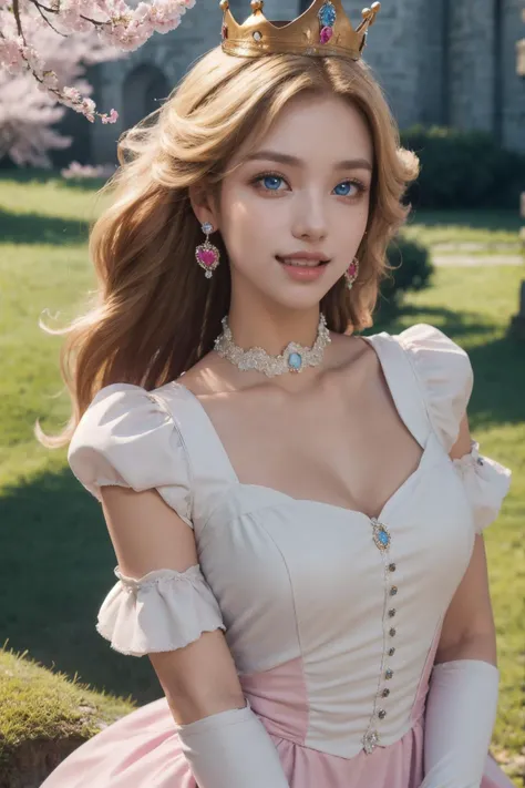(Best Quality, Masterpiece:1.4), (Realism:1.2), (Realisitc:1.2), (Absurdres:1.2), (photorealistic:1.3), 1girl,Realistic Skin,Solo,( Very Big Eyes,beautiful detailed eyes, symmetric eyes), full body, (cowboy shot:1.4), Peach_SMP, best quality, (masterpiece:1.5), (ultra-detailed), (high quality:1.3), (high resolution), , 1girl, blonde hair, blue eyes, bowtie, braid, braids, crown, dress, elbow gloves, gloves, grey eyes, heart, jewelry, long hair, looking at viewer, open mouth, peachette, pink bow, pink dress, puffy short sleeves, puffy sleeves, smile, solo, striped, super crown, twin braids, white gloves, glossy lips, castle, clouds, grass, cherry blossoms, glossy skin, oily skin, beautiful light, choker <lora:HerrscherAGGA2023_Peach_V1:0.9>