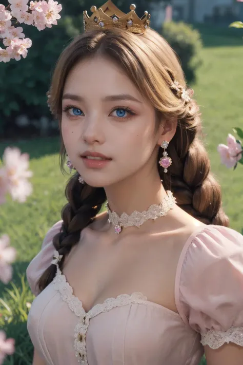 (Best Quality, Masterpiece:1.4), (Realism:1.2), (Realisitc:1.2), (Absurdres:1.2), (photorealistic:1.3), 1girl,Realistic Skin,Solo,( Very Big Eyes,beautiful detailed eyes, symmetric eyes), full body, (cowboy shot:1.4), Peach_SMP, best quality, (masterpiece:1.5), (ultra-detailed), (high quality:1.3), (high resolution), , 1girl, blonde hair, blue eyes, bowtie, braid, braids, crown, dress, elbow gloves, gloves, grey eyes, heart, jewelry, long hair, looking at viewer, open mouth, peachette, pink bow, pink dress, puffy short sleeves, puffy sleeves, smile, solo, striped, super crown, twin braids, white gloves, glossy lips, castle, clouds, grass, cherry blossoms, glossy skin, oily skin, beautiful light, choker <lora:HerrscherAGGA2023_Peach_V1:0.9>