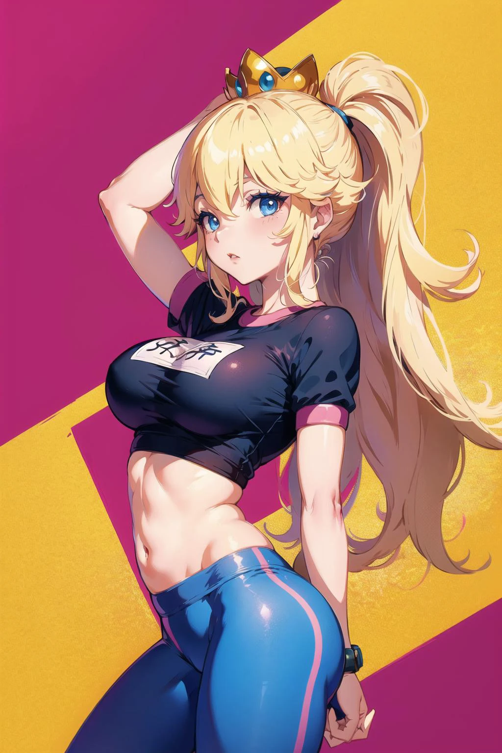 (masterpiece:1.2), (best quality:1.2), (ultra detailed:1.1), princess peach wearing a gym uniform standing in a pink sports bra and yoga pants,from side, beautiful long hair, intricate blue eyes, Peach_SMP, (cartoon style:1.2),(cartoonized:1.2), 1girl,facing viewer,
<lora:HerrscherAGGA2023_Peach_V1:1>