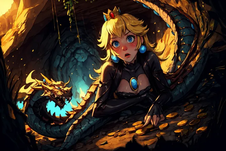 ((masterpiece, best quality)), <lora:add_detail:0.55>, (nsfw, nake:1), Princess Peach, full body, high angle shot, (lying on small gold coins:1.5), (expressive eyes Frightened face, embarrassed, glaring, blushing:1.3), <lora:ppeach:1> <lora:ppeach-000018:1>,( detailed blue eyes:1.2), , ( large place, remote shot:1.4) <lora:20230525122544:0.7> dragon_real, (A huge cave with a dragon in it, dungeon, cave of gold, huge dragon:1.4), gloomy atmosphere, blackout, cold tones, sexual overtones, modeling photo shoot, studio shooting, ,
