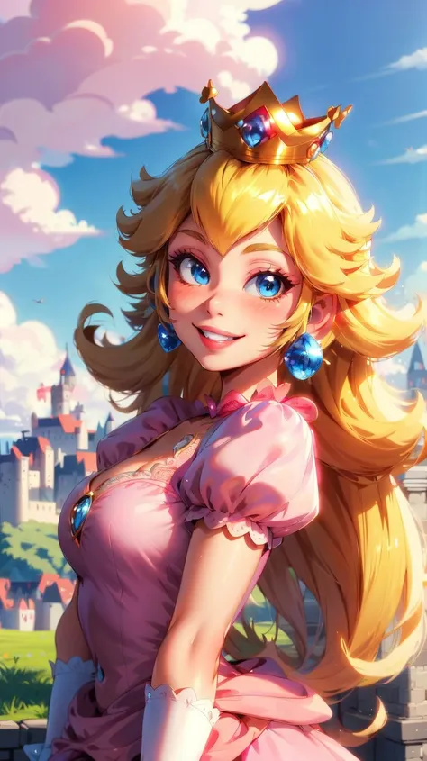 (masterpiece:1.1),(best quality:1.1),1girl,(princess peach),blonde hair,blue eyes,long hair,crown,dress,gem,gloves,pink dress,puffy short sleeves,puffy sleeves,short sleeves,white gloves,evil smile,glossy lips,glossy skin,blushing,outside,castle,day,clouds,nature,<lora:HerrscherAGGA2023_Peach_V1:1>,Peach_SMP,((flat chest)),