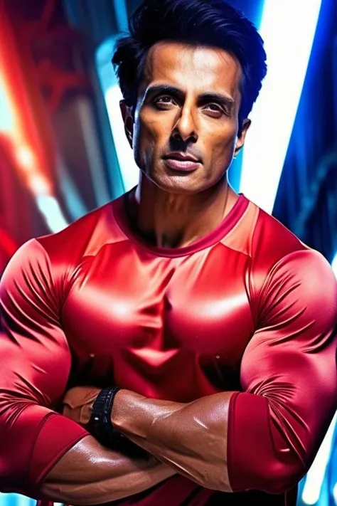 rufus sewell a man <lora:Sonu-Sood_Rufus-Sewell-000002:1>, realistic photo in a worn ((skin-revealing skimpy erotic red tracksuit, massive hairy pecs)), big pecs, big arms, bulge, VPL, ((light bokeh)), intricate, (steel metal [rust]), elegant, erotic, exuding sexual energy, homoerotic, sharp focus, photo by greg rutkowski, soft lighting, vibrant colors, (masterpiece), ((streets)), (detailed face), looking at viewer, light smile, night, walking towards viewer, cinematic lighting, beautiful lighting, cinematic lighting, (hazy filter, film grain:1.2)