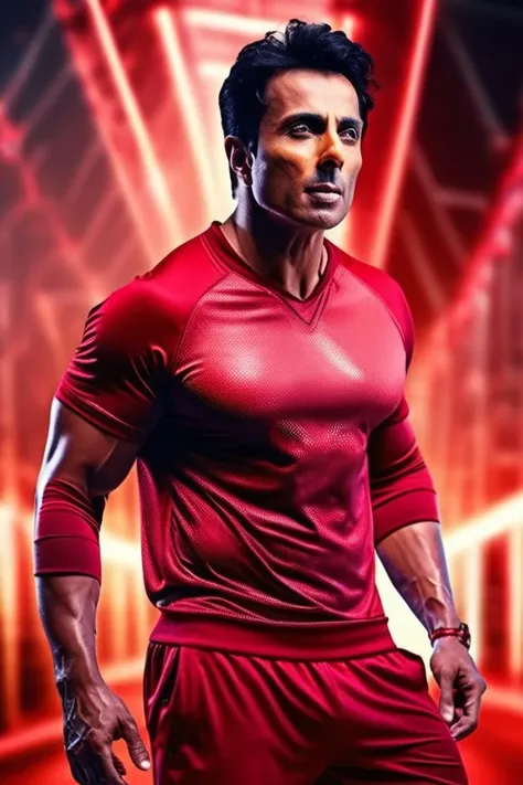 rufus sewell a man <lora:Sonu-Sood_Rufus-Sewell-000002:1>, realistic photo in a worn ((red tracksuit)), ((light bokeh)), intricate, (steel metal [rust]), elegant, sharp focus, photo by greg rutkowski, soft lighting, vibrant colors, (masterpiece), ((streets)), (detailed face), looking at viewer, light smile, night, walking towards viewer, cinematic lighting, beautiful lighting, cinematic lighting, (hazy filter, film grain:1.2)